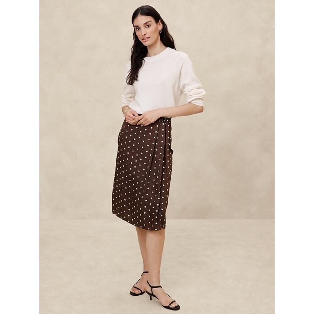 Banana Republic Silky Twill Polka Dot Wrap Midi Skirt Brown White 14 NWT